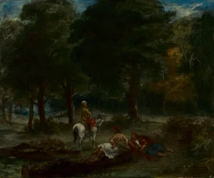 Hombres de caballería griega descansando en el bosque, 1858
