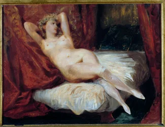 Estudio de mujer desnuda recostada en un diván, llamada La mujer de las medias blancas. Pintura de Eugène Delacroix (1798-1863)