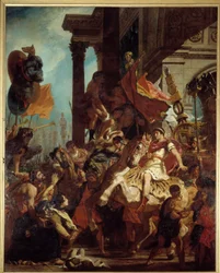 La justicia de Trajano. Una viuda cuyo hijo fue asesinado busca justicia del emperador Trajano (Marco Ulpio Trajano, 53-117) que se va a la guerra. Ilustración del Purgatorio en “La Divina Comedia” de Dante Alighieri (1265-1321). Pintura de Eugène Delacroi