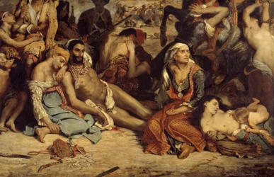 Las masacres de Quíos. Escena que representa la guerra de independencia griega contra los otomanos: civiles griegos esperando la muerte o la esclavitud. Detalle