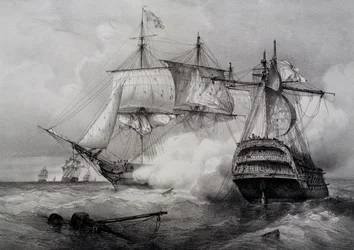 Batalla entre el barco estadounidense de 74 cañones y la fragata británica, litografía por Ferdinand Perrot