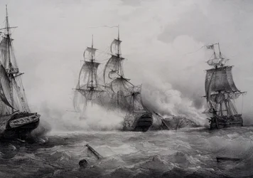 Combate entre barcos de vela británicos y estadounidenses de tercera clase con 74 cañones, litografía de Ferdinand Perrot