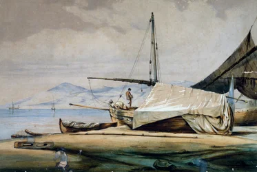 Leudi, barco de pesca de Liguria, litografía en color por Ferdinand Perrot