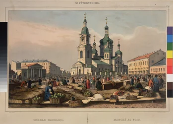 Hay Market y la Catedral de la Asunción de la Madre de Dios, en San Petersburgo. Obra de Ferdinand Victor Perrot (1808-1841), litografía y acuarela sobre papel