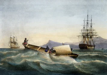 Canoa con balancín de las Antillas, litografía en color por Ferdinand Perrot
