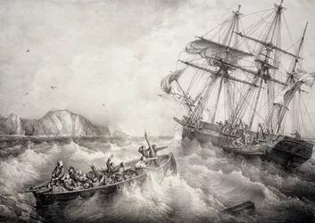 Rescate de la tripulación de un barco pesquero bretón por el barco sueco Le Neptune, litografía de Ferdinand Perrot