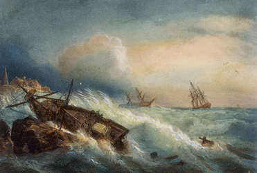 Naufragio en la costa de Saint Nazaire, litografía en color de Ferdinand Perrot, Francia