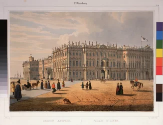 Vista del Palacio de Invierno de San Petersburgo. Obra de Ferdinand Victor Perrot (1808-1841), litografía y acuarela sobre papel