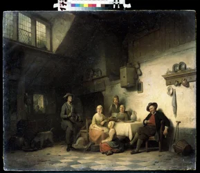 ""Le concert prive"" (Concierto en casa) Una familia reunida en un modesto interior de Bélgica escucha a un músico tocar la zanfoña. Pintura de Ferdinand de Braekeleer el Viejo (1792-1883) Museo de Arte Mikhail Kroshitsky del siglo XIX, Sebastopol (Se