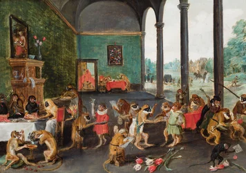Un festín de monos (óleo sobre tabla)