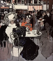 Mujer hablando en una mesa fuera de un café. Ilustración de Von Reznicek en: Simplicissimus, Alemania