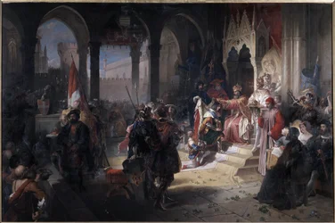 Amadeo VIII el Pacífico (Amedeo VIII il pacifico) (1383-1451) fue coronado Duque de Saboya por el Emperador Segismundo I del Sacro Imperio el 19/02/1416 durante su visita a Chambéry. Pintura de Ferdinando Cavalleri (1794-1865) Castillo de Agliè, Italia.