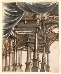 Diseño escénico: Atrio del palacio sostenido por columnas y pilares
