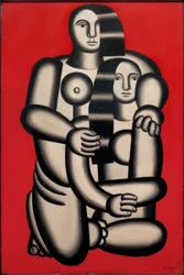 Dos figuras sobre fondo rojo