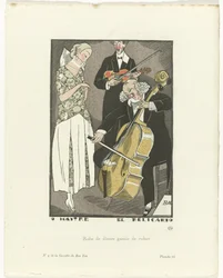 Gazette du Bon Ton, 1920 - No. 9, Pl. 66: O Maitre el Relicario / Traje de cena adornado con cinta (título sobre objeto)