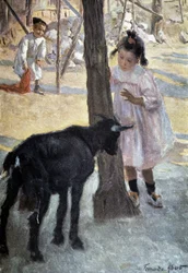 Niña y cabra - pintura