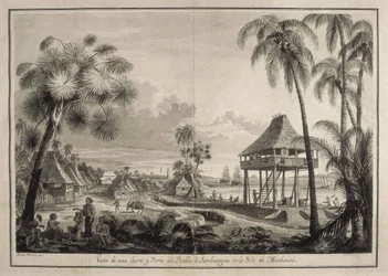 MALASPINA, Alejandro (1754-1809). Navegante y explorador italo-español; BRAMBILA, Fernando (1763-1834). Pintor. Expedición Malaspina. Filipinas (1792). Aldea de Zamboanga. Dibujo de Fernando Brambila. Dibujo. ESPAÑA. MADRID (COMUNIDAD AUTÓNOMA).