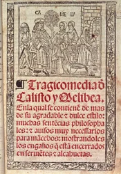 Miniatura sobre pergamino en la portada de la Celestina o Tragicomedia de Calisto y Melibea, manuscrito español de Fernando de Rojas (1465-1541), publicado en 1531.