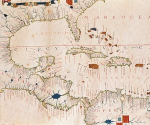 Portulano: Mapa geográfico con el nombre de la costa de Cuba, Florida, América Central y América Latina del Norte, Atlas Hidrográfico de Fernao VAZ DOURADO (siglo XVI)