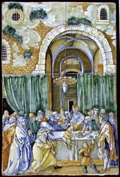 Panel que representa El Rechazo de la Ofrenda de Joaquín, probablemente por Ferruccio Mengaroni después de Albrecht Durer c.1900-25, italiano, de Pesaro