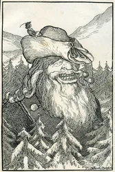 Fábulas: el gigante. Ilustración de Filiberto Scarpelli para "La montaña de cristal" de una colección de fábulas de los hermanos Grimm (Jacob y Wilhelm).