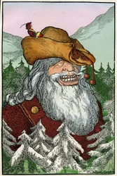 Ilustración de Filiberto Scarpelli (1870-1933) para la fábula "" La montagna di cristallo "" (La montaña de cristal) de una colección de fábulas de los hermanos Grimm "Blancanieves y otros cuentos"" aproximadamente de 1920.