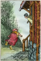 Ilustración de Filiberto Scarpelli (1870-1933) para la fábula "Toniotta la stolta "" (Toniotta la tonta) de una colección de fábulas de los hermanos Grimm "Blancanieves y otros cuentos"" aproximadamente de 1920.