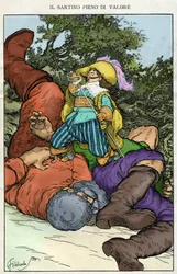 "Preparons la comedie dit - il" . Ilustración de Filiberto Scarpelli para el cuento "La modista valiente" de la colección de fábulas de los hermanos Jacob y Wilhelm Grimm "Blancanieves y otros cuentos".