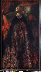 Una niña (Una niña). Una campesina con traje tradicional. Pintura de Filipp Andreevich Maliavin (Maliavine) (o Andreyevich Malyavin) (1869-1940), óleo sobre lienzo