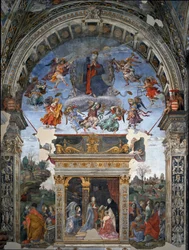 Asunción de la Virgen y abajo Santo Tomás de Aquino que presenta a María al Cardenal Oliviero Carafa