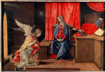 La Anunciación. pintura de Filippino Lippi (1457-1504), hacia 1490. Témpera sobre madera. Arte renacentista florentino. Museo del Hermitage, San Petersburgo.