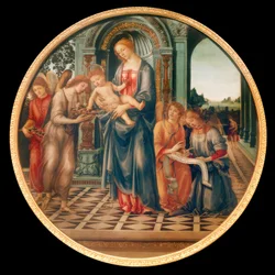 María con el niño, ángeles y Juan el Bautista