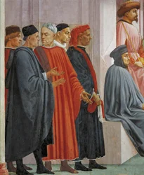 Hombres con vestimenta medieval, detalle de La resurrección del hijo de Teófilo, por Tommaso Masaccio, fresco