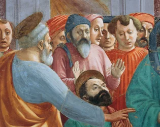 Santos y multitud, (detalle) de La Resurrección del Hijo de Teófilo, por Tommaso Masaccio, fresco