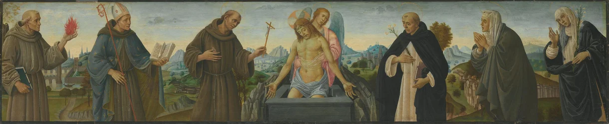Varón de Dolores y seis santos (san Antonio de Padua, Luis de Tolosa, Francisco, Domingo, Clara y Catalina de Siena)
