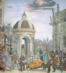 San Juan Evangelista resucitando a Drusiana, detalle de Historias de San Juan Evangelista, fresco, Basílica de Santa María Novella, Capilla Strozzi, Florencia