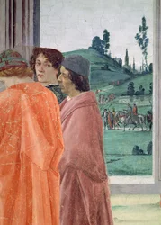 La disputa con Simón Mago y la crucifixión de san Pedro. Detalle de tres figuras que observan la crucifixión; se cree que el retrato central es del maestro de Filippino, Botticelli, c. 1480, fresco