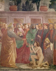 La resurrección de Teófilo, hijo del rey de Antioquía, detalle de san Pedro y Teófilo, c. 1425-27, terminado en 1484-85 (detalle de 63302)