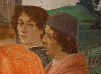 Dos jóvenes contemplan la crucifixión de San Pedro (pintura mural)