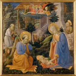 Adoración del Niño, con San Hilarión y
ángeles ... (temple sobre madera)