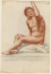 Figura masculina con el cuerpo girado a la izquierda, su brazo izquierdo alcanzando hacia arriba, sentado en un paño