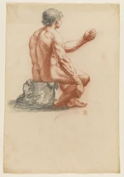 Desnudo masculino sentado visto dos tercios desde atrás