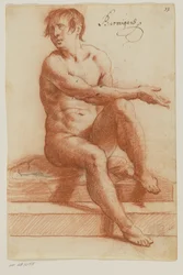 Desnudo masculino sentado girando la cabeza a la izquierda