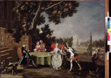 ""The Card Party"" Grupo de nobleza italiana jugando a las cartas en un jardín. Pintura de Filippo Falciatore (1718-1768) Museo Pushkin del siglo XVIII, Moscú