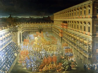 Fiesta en el Palacio Barberini en honor de Cristina de Suede (Cristina di Svezia), 28/02/1656 Pintura de Filippo Lauri (1623-1694) y Filippo Gagliardi (fallecido en 1659). Siglo XVII Roma, Museo de Roma