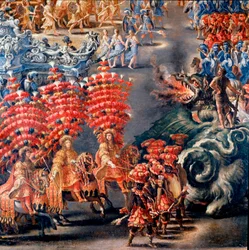Fiesta en el Palazzo Barberini en honor a Cristina de Suecia (Cristina di Svezia), el 28/02/1656 (detalle). Pintura de Filippo Lauri (1623-1694) y Filippo Gagliardi (fallecido en 1659). Siglo XVII Roma, Museo de Roma