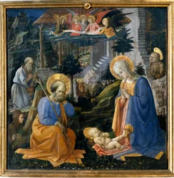 Adoración del niño con San Jerónimo, San Hilarión, Santa Magdalena y ángeles (detalle)
