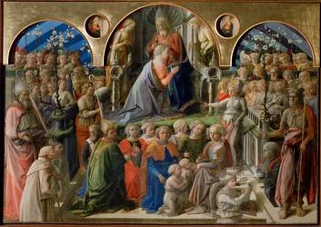 Coronación de la Virgen. Dos tondos a ambos lados