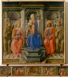Virgen con niño y cuatro santos (temple sobre madera)