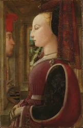 Retrato de una mujer con un hombre en una ventana acristalada